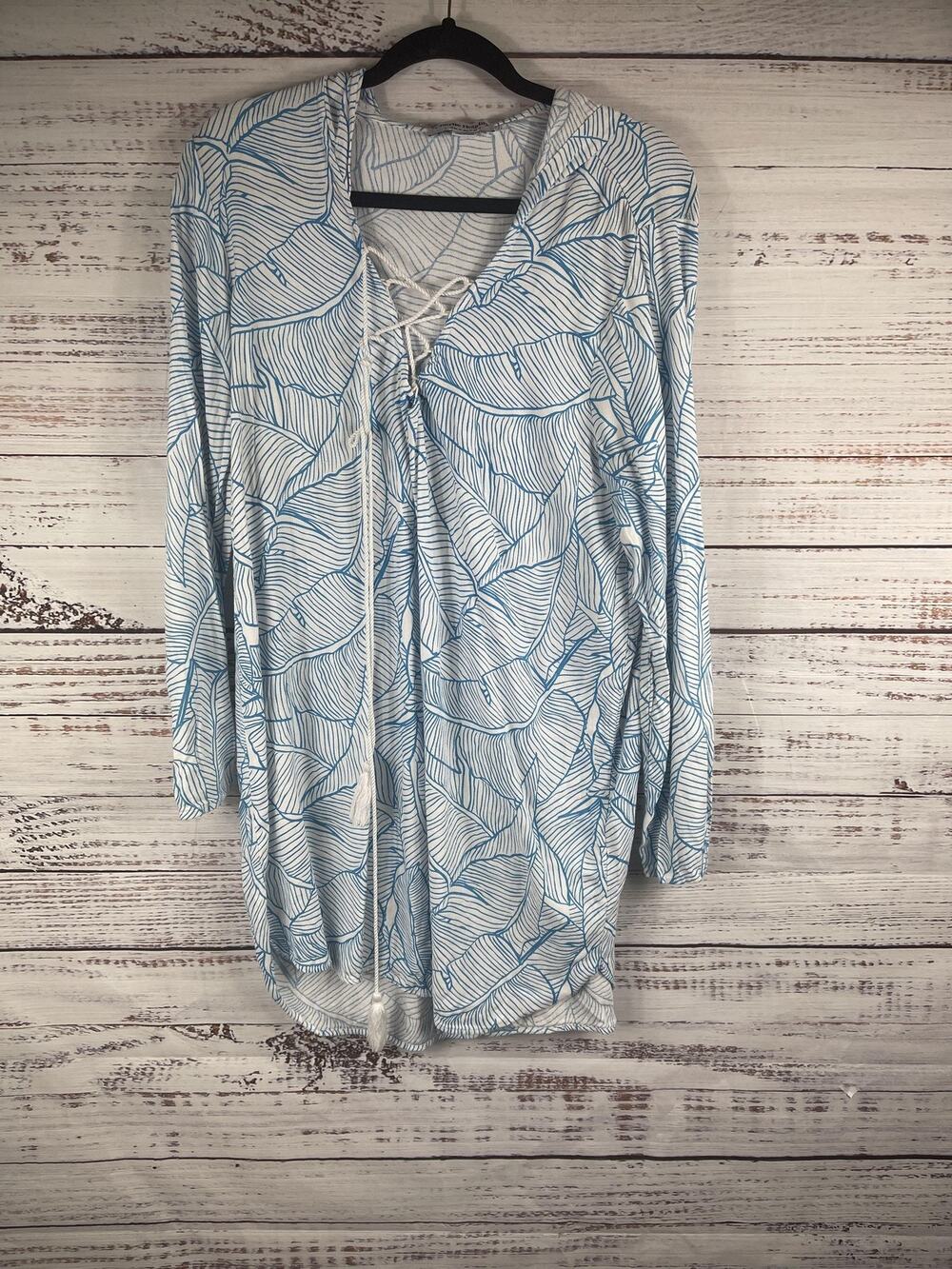 Charlie Holiday Tunic Women's SZ L White Blue Hooded Lace Up Leaf Print Cover Up